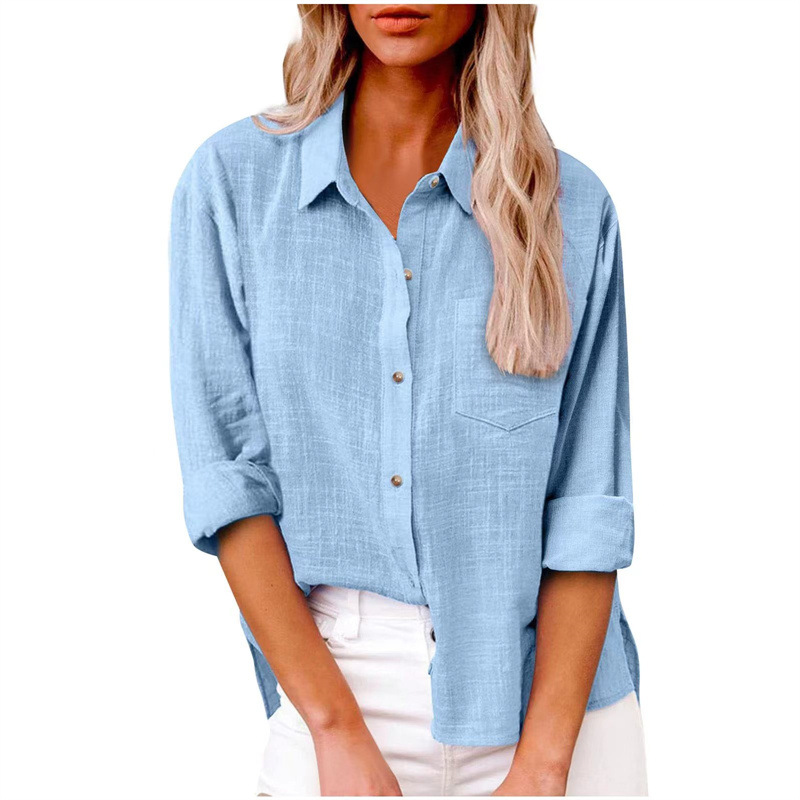 Damen Baumwolle Leinen Button Down Hemd 2024 Herbst Freizeit Langarm Oberteile mit Tasche - Bild 32 von 36