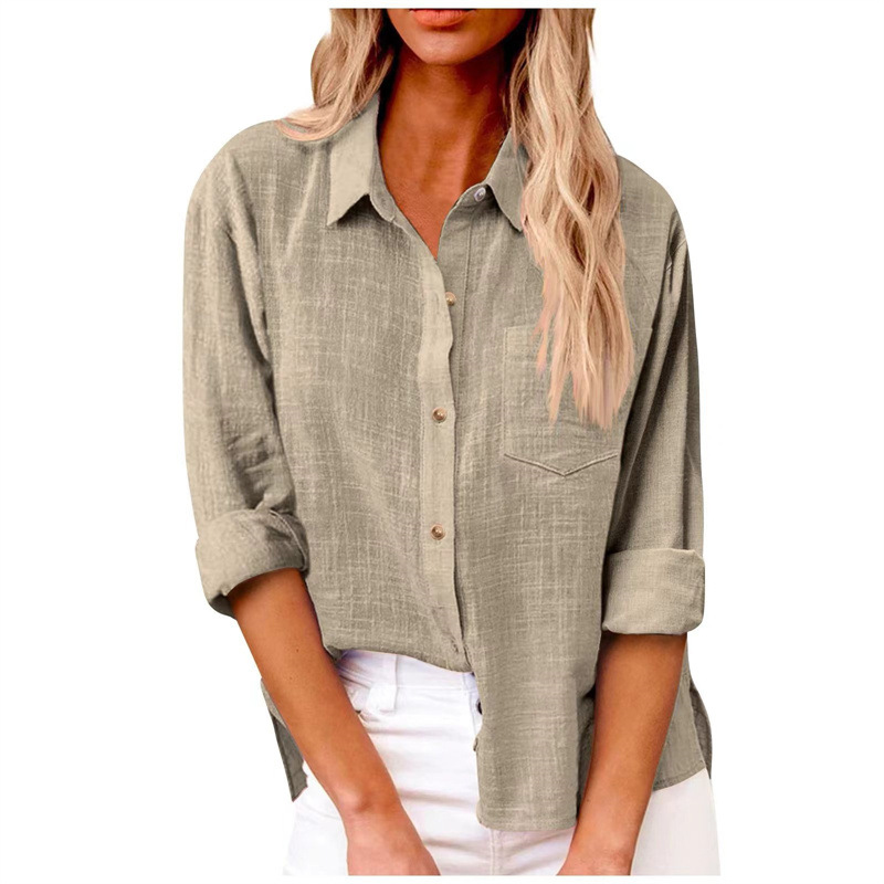 Damen Baumwolle Leinen Button Down Hemd 2024 Herbst Freizeit Langarm Oberteile mit Tasche - Bild 33 von 36