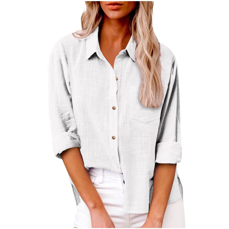 Damen Baumwolle Leinen Button Down Hemd 2024 Herbst Freizeit Langarm Oberteile mit Tasche - Bild 34 von 36