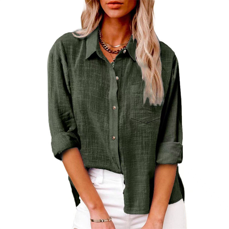 Damen Baumwolle Leinen Button Down Hemd 2024 Herbst Freizeit Langarm Oberteile mit Tasche - Bild 35 von 36