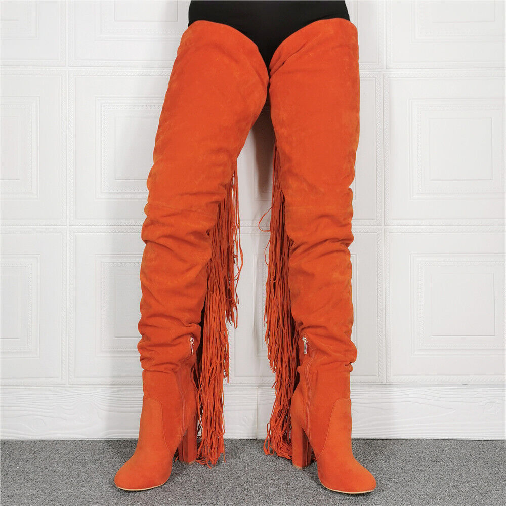 Women's Over The Knee Thigh High Boot Pointy Toe Block Heel Tassels Fringe Boots