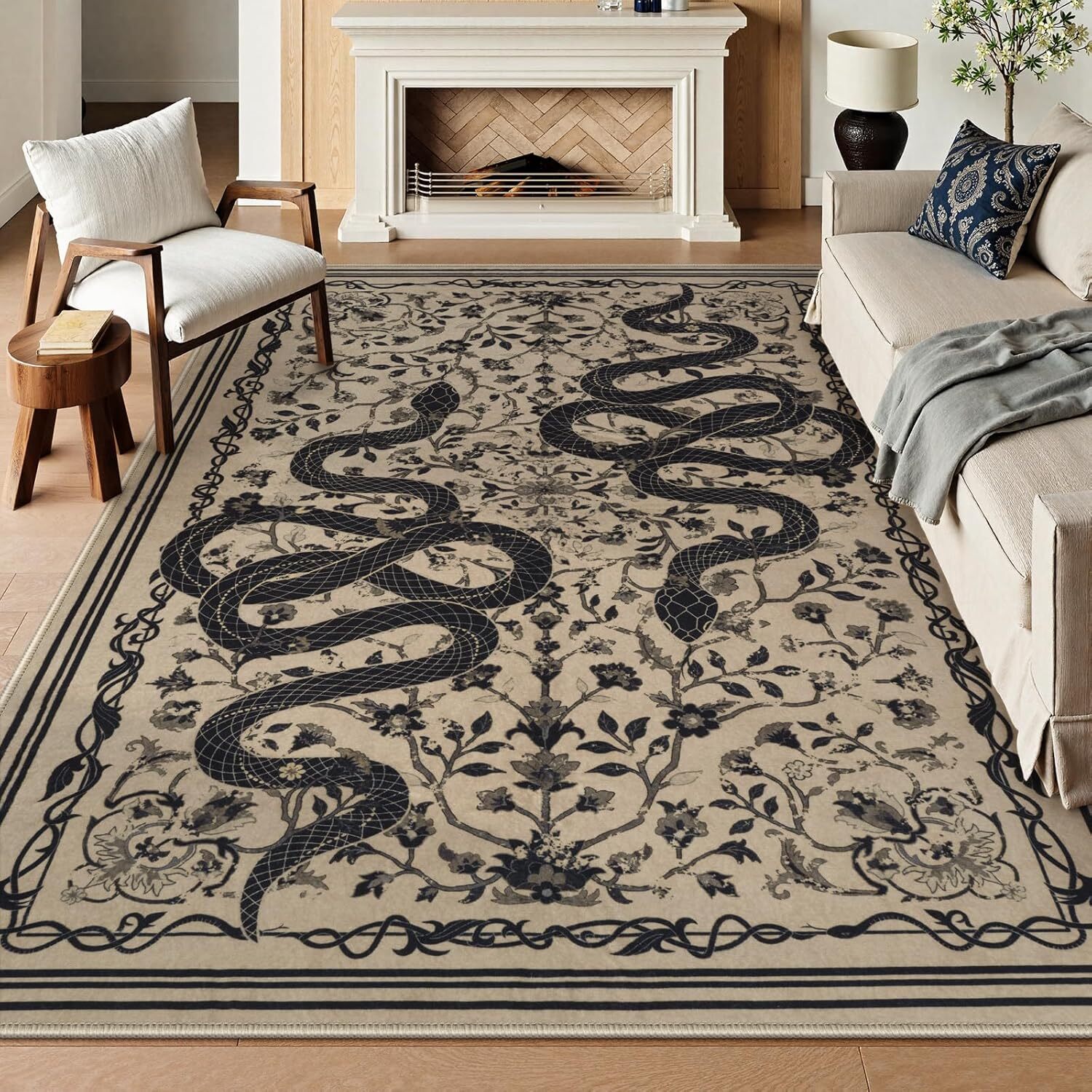 8×10 Washable Non Slip Area Rug Soft Black Snake Print Carpet for Living Room