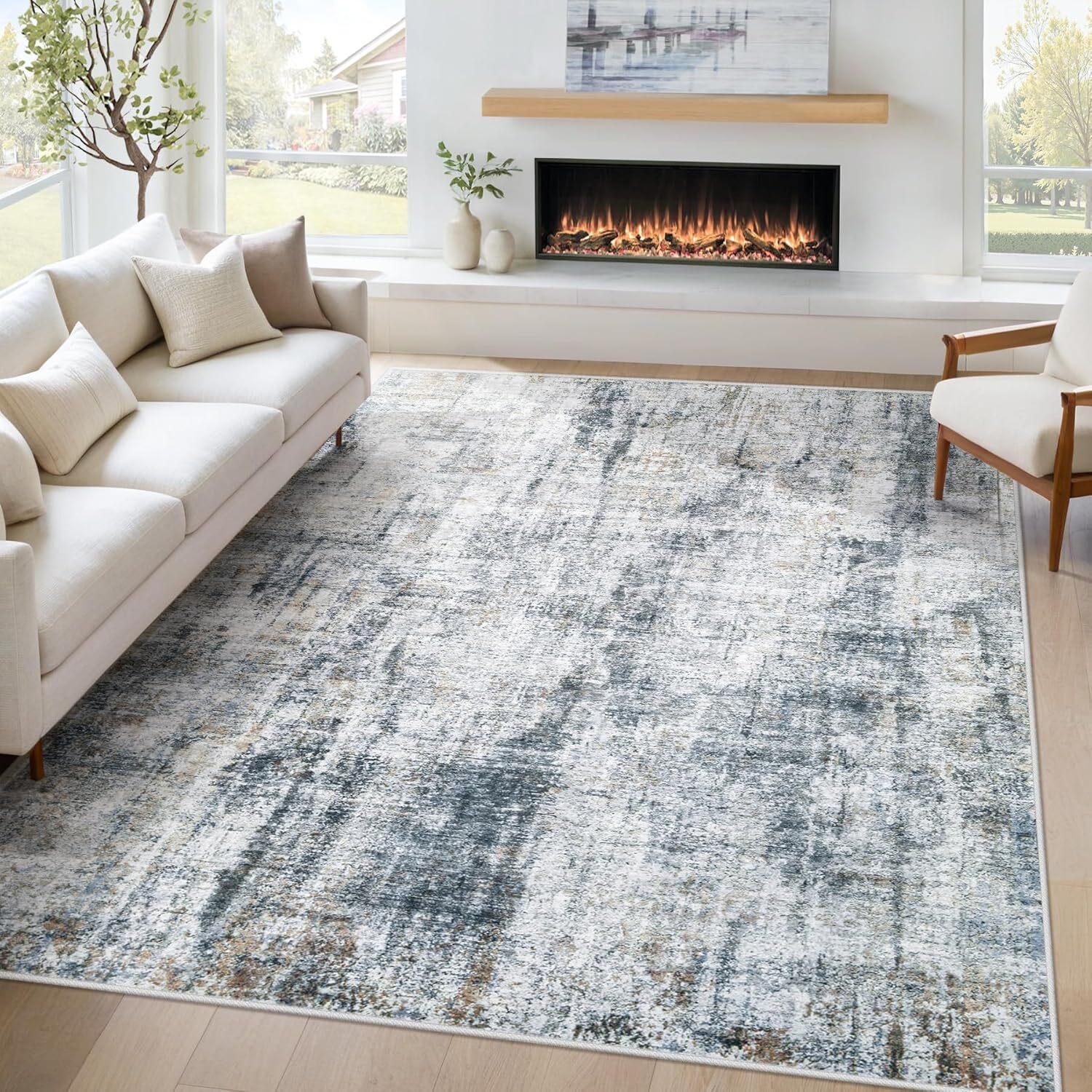 Machine Washable 5×7 Area Rug Non Slip Low Pile Modern Abstract Neutral Carpet