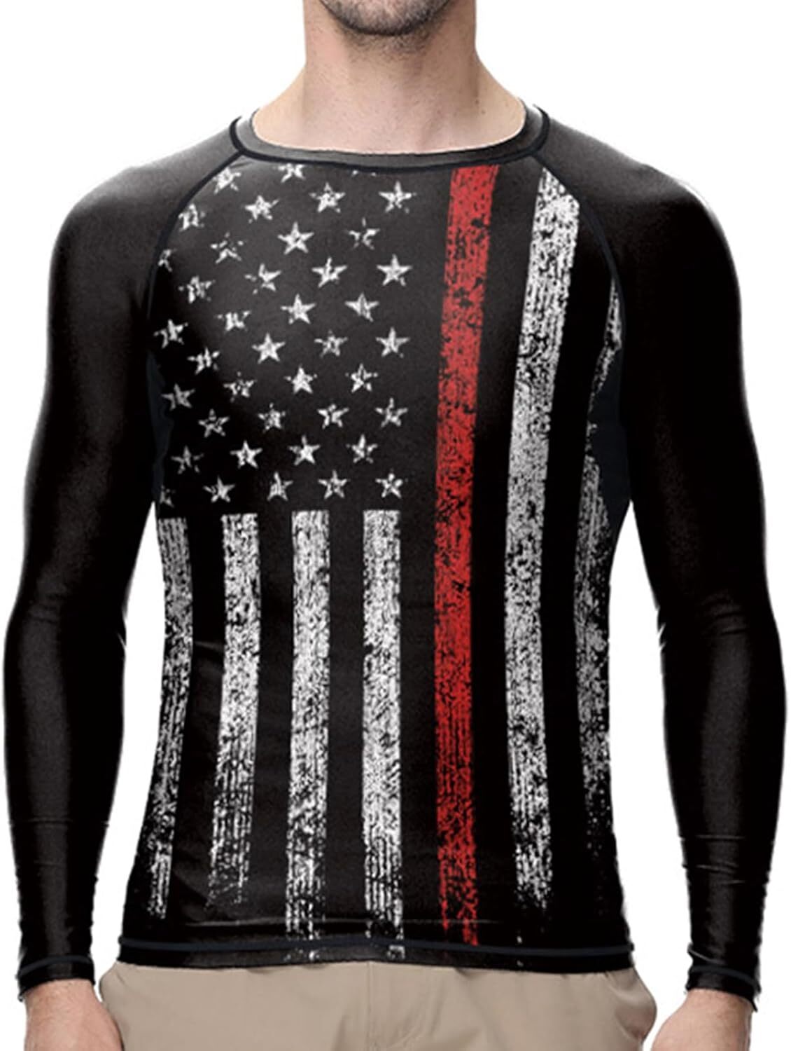 Men’s UPF 50+ Long Sleeve Rash Guard American Flag Compression Swim Shirt Jiu