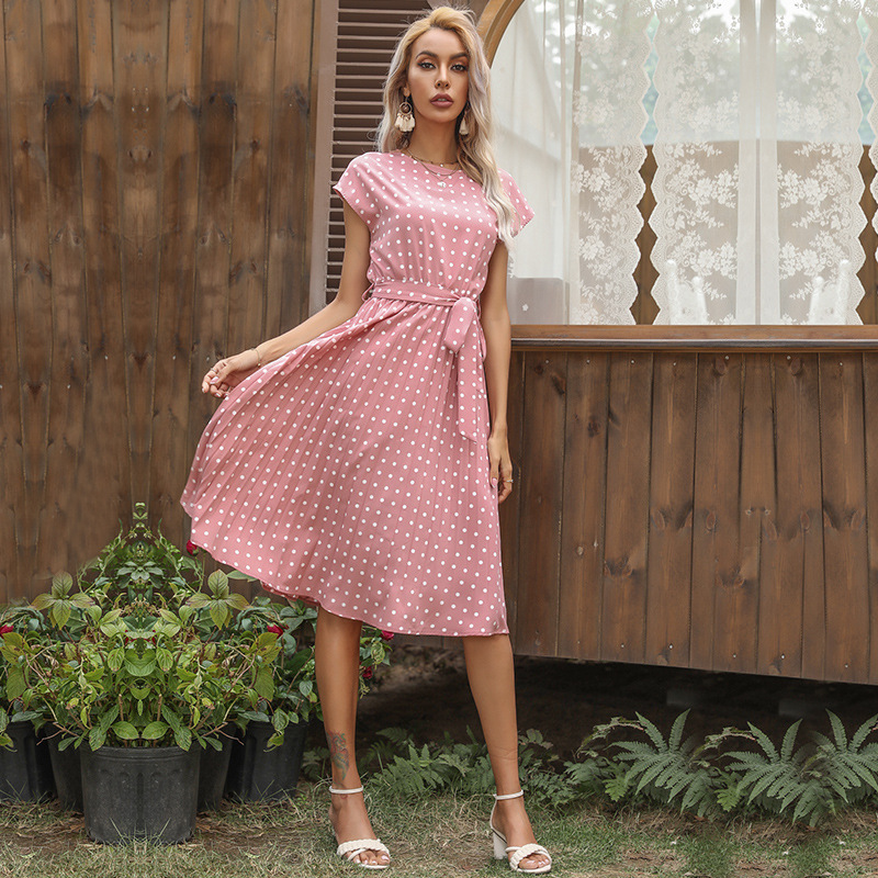 Women Summer Pleated Polka Dot Casual Dress