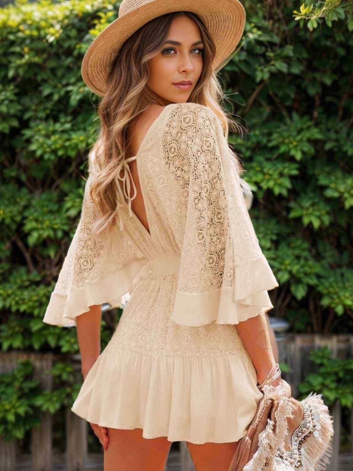 Women Ruffle Hem Lace Mini Dress with Tie Back - Picture 25 of 28
