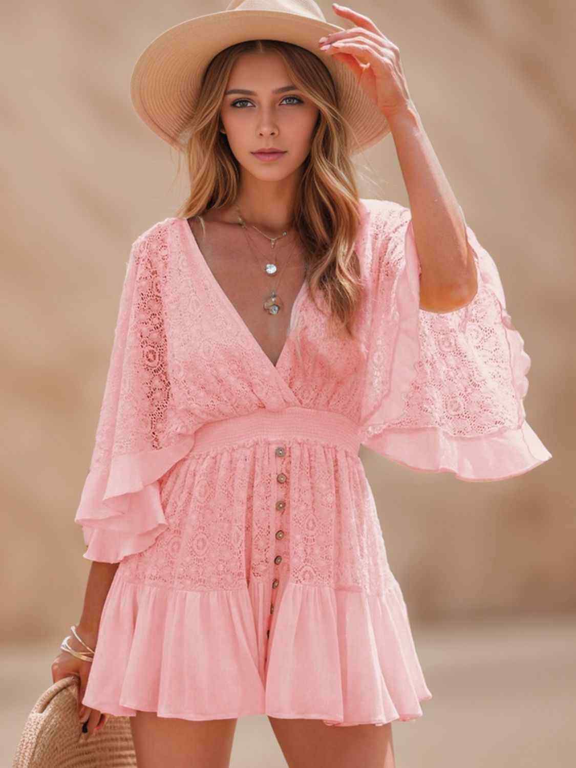 Women Ruffle Hem Lace Mini Dress with Tie Back - Picture 27 of 28