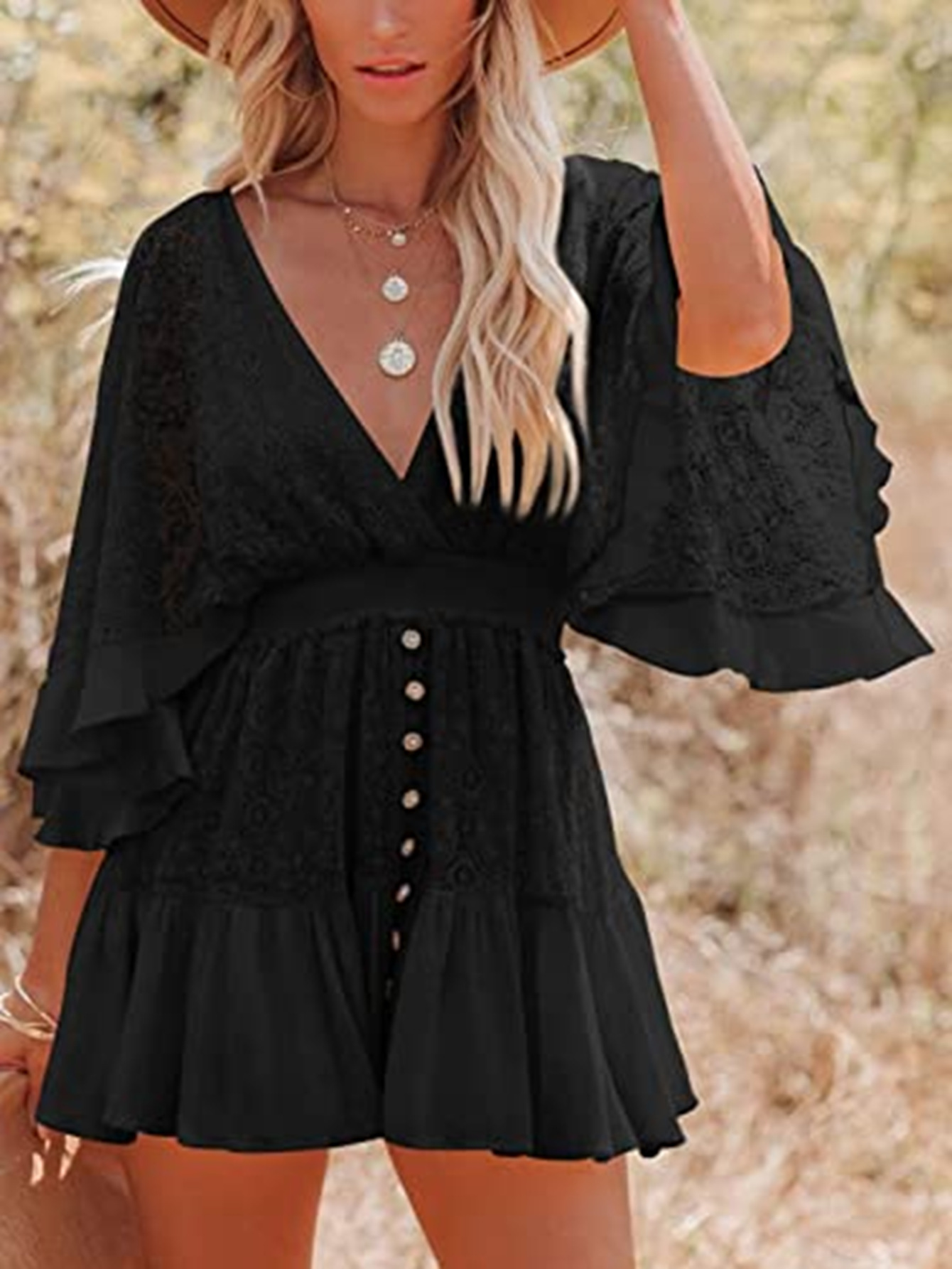 Women Ruffle Hem Lace Mini Dress with Tie Back - Picture 28 of 28