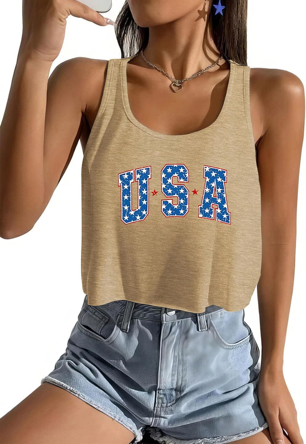 Women's American Flag Sleeveless Crop Top - USA Patriotic 4th of July Camisole - Picture 27 of 71