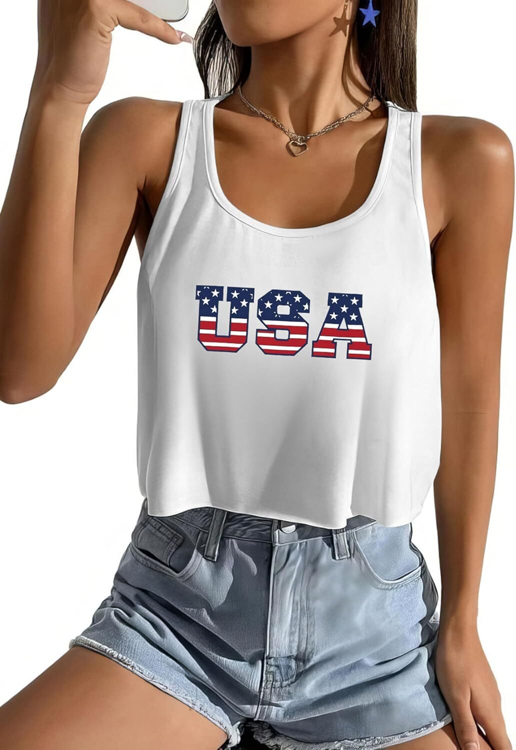 Women's American Flag Sleeveless Crop Top - USA Patriotic 4th of July Camisole - Picture 34 of 71