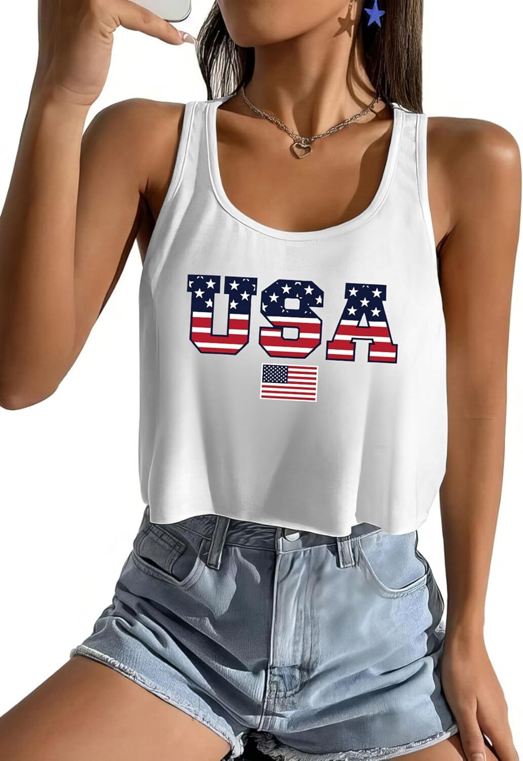 Women's American Flag Sleeveless Crop Top - USA Patriotic 4th of July Camisole - Picture 35 of 71