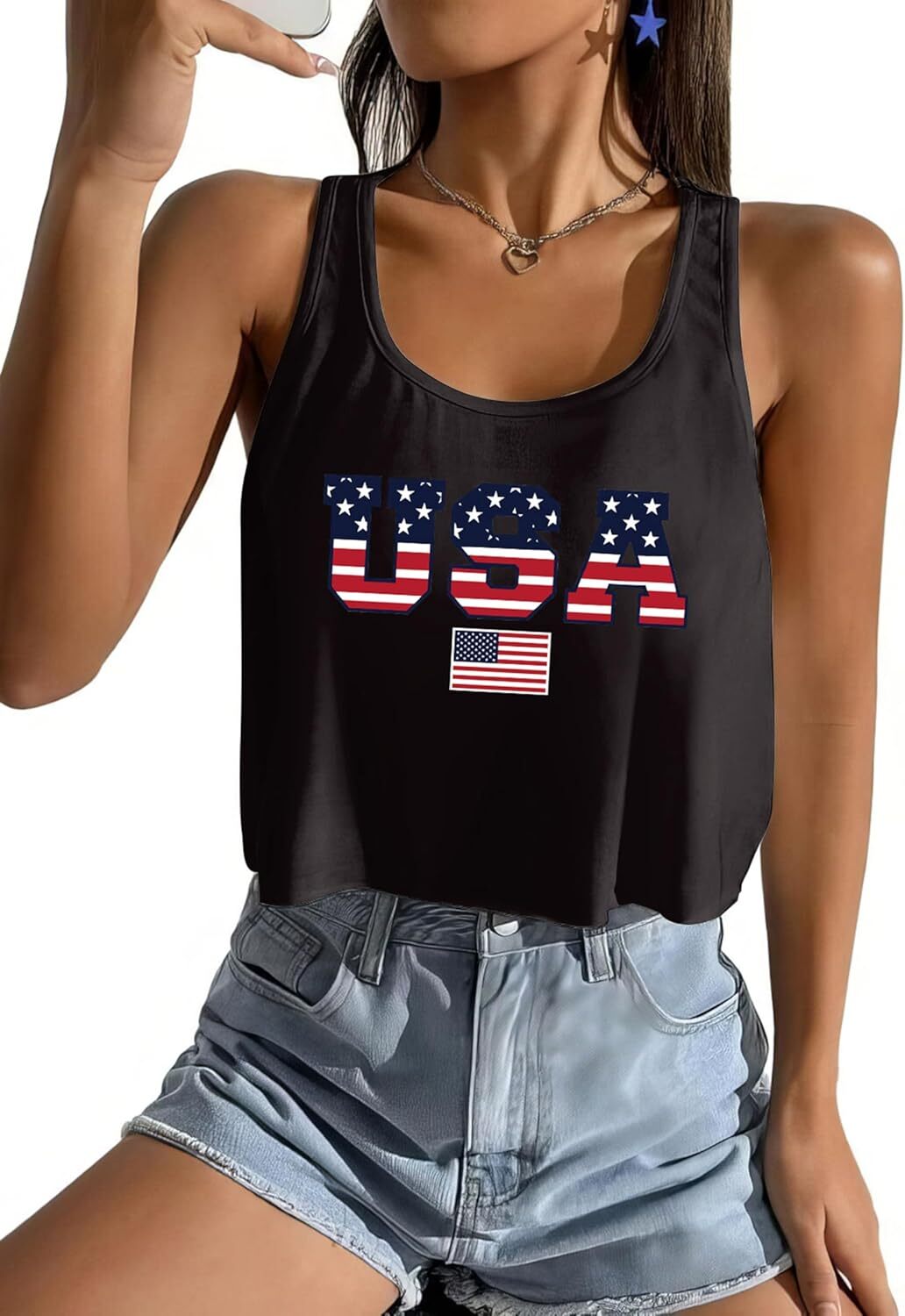 Women's American Flag Sleeveless Crop Top - USA Patriotic 4th of July Camisole - Picture 36 of 71