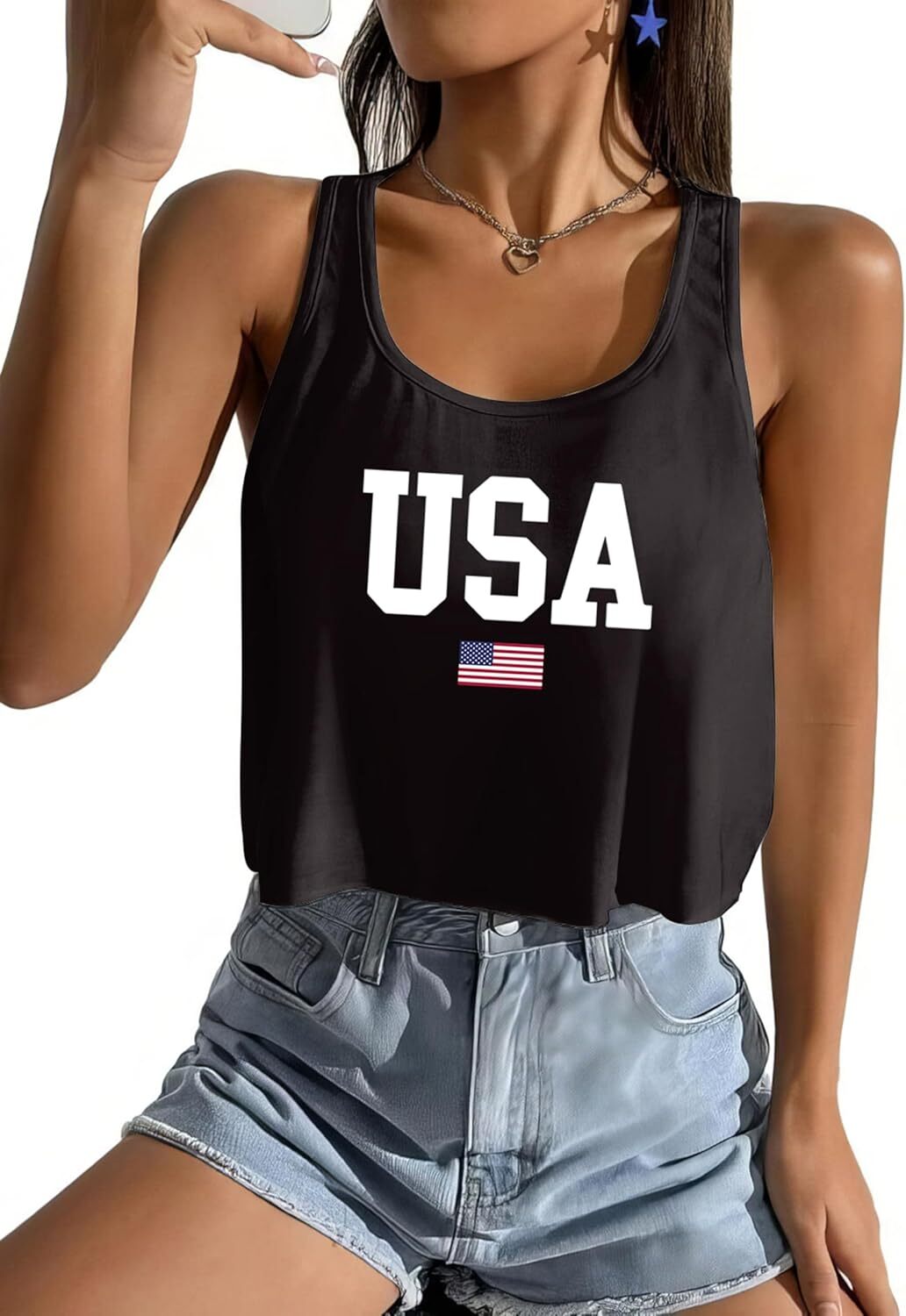 Women's American Flag Sleeveless Crop Top - USA Patriotic 4th of July Camisole - Picture 37 of 71