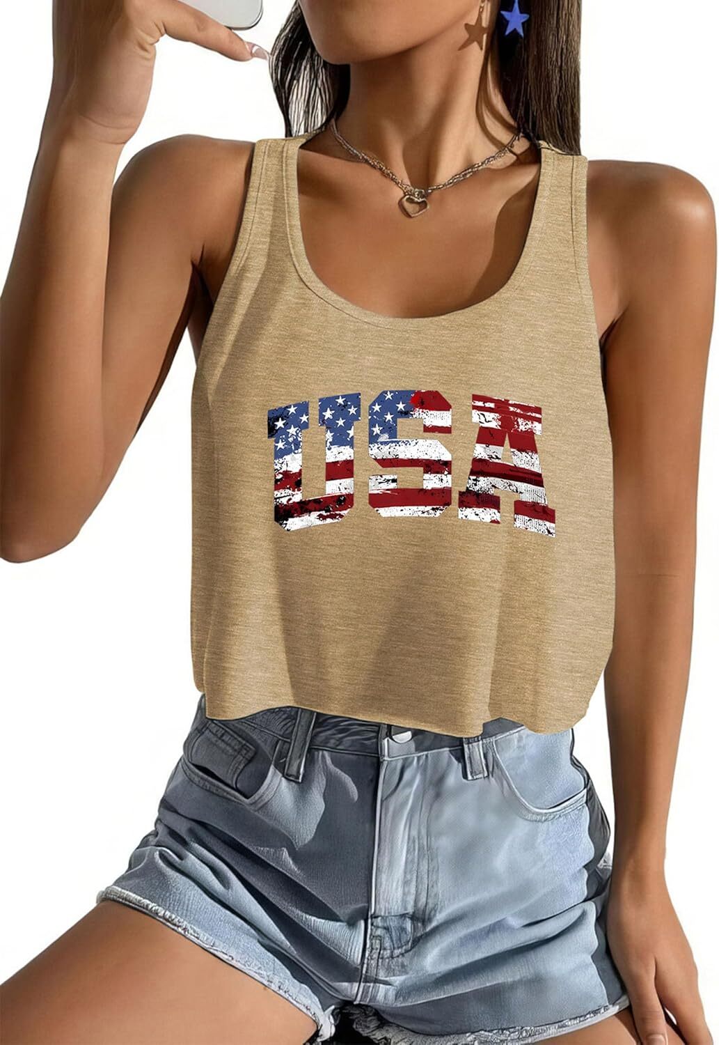 Women's American Flag Sleeveless Crop Top - USA Patriotic 4th of July Camisole - Picture 38 of 71