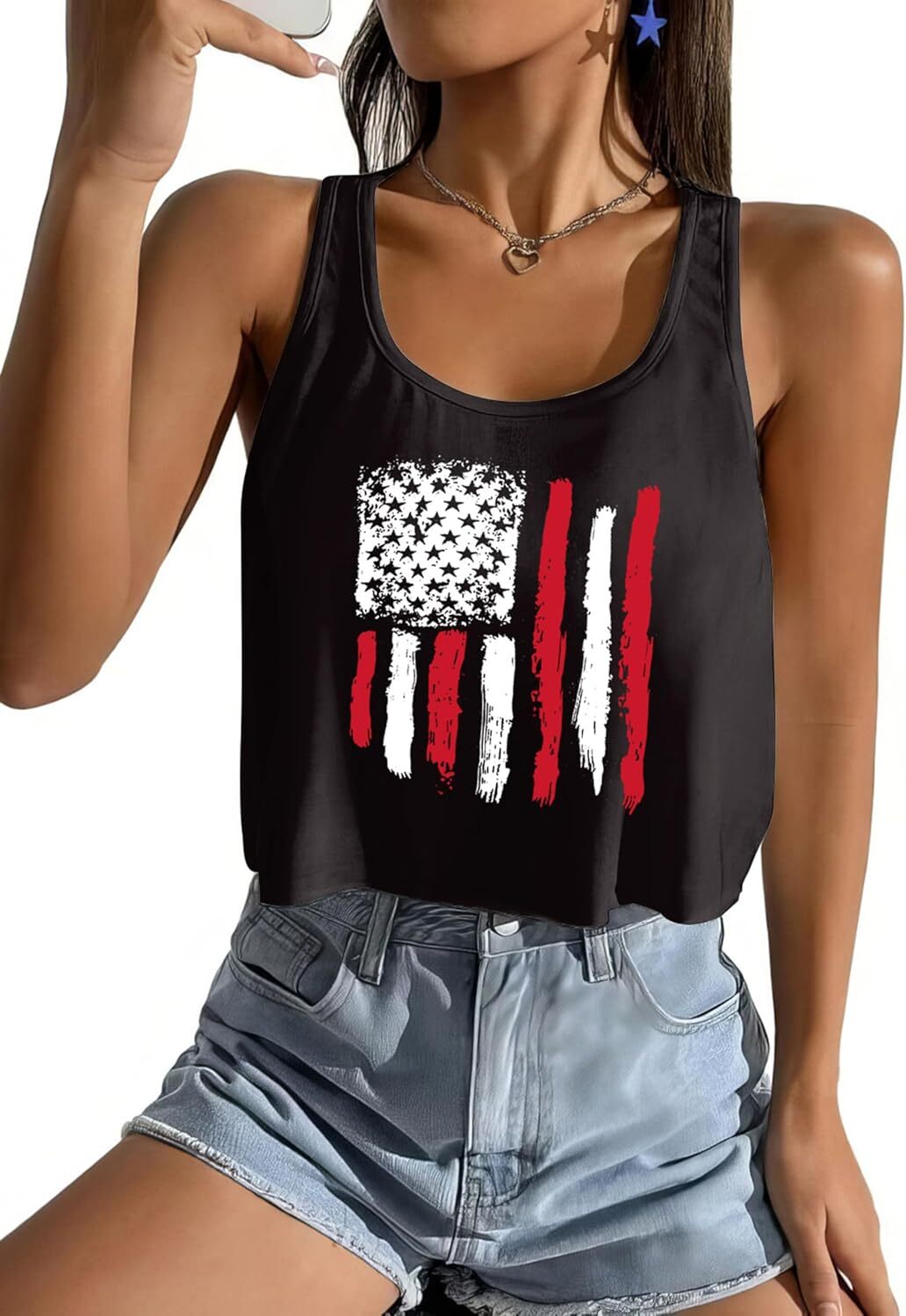 Women's American Flag Sleeveless Crop Top - USA Patriotic 4th of July Camisole - Picture 39 of 71