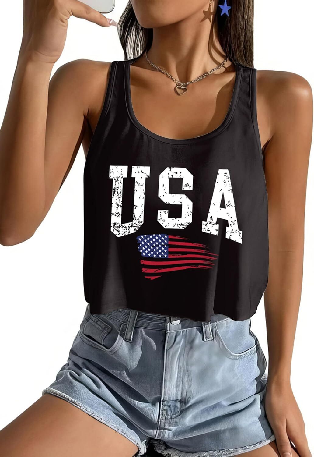 Women's American Flag Sleeveless Crop Top - USA Patriotic 4th of July Camisole - Picture 46 of 71