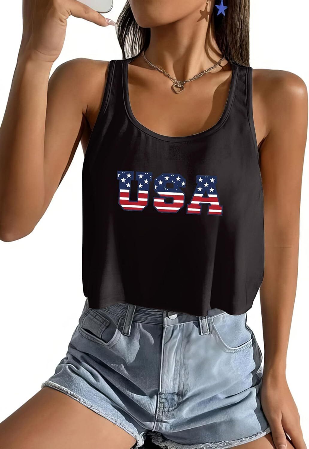 Women's American Flag Sleeveless Crop Top - USA Patriotic 4th of July Camisole - Picture 48 of 71