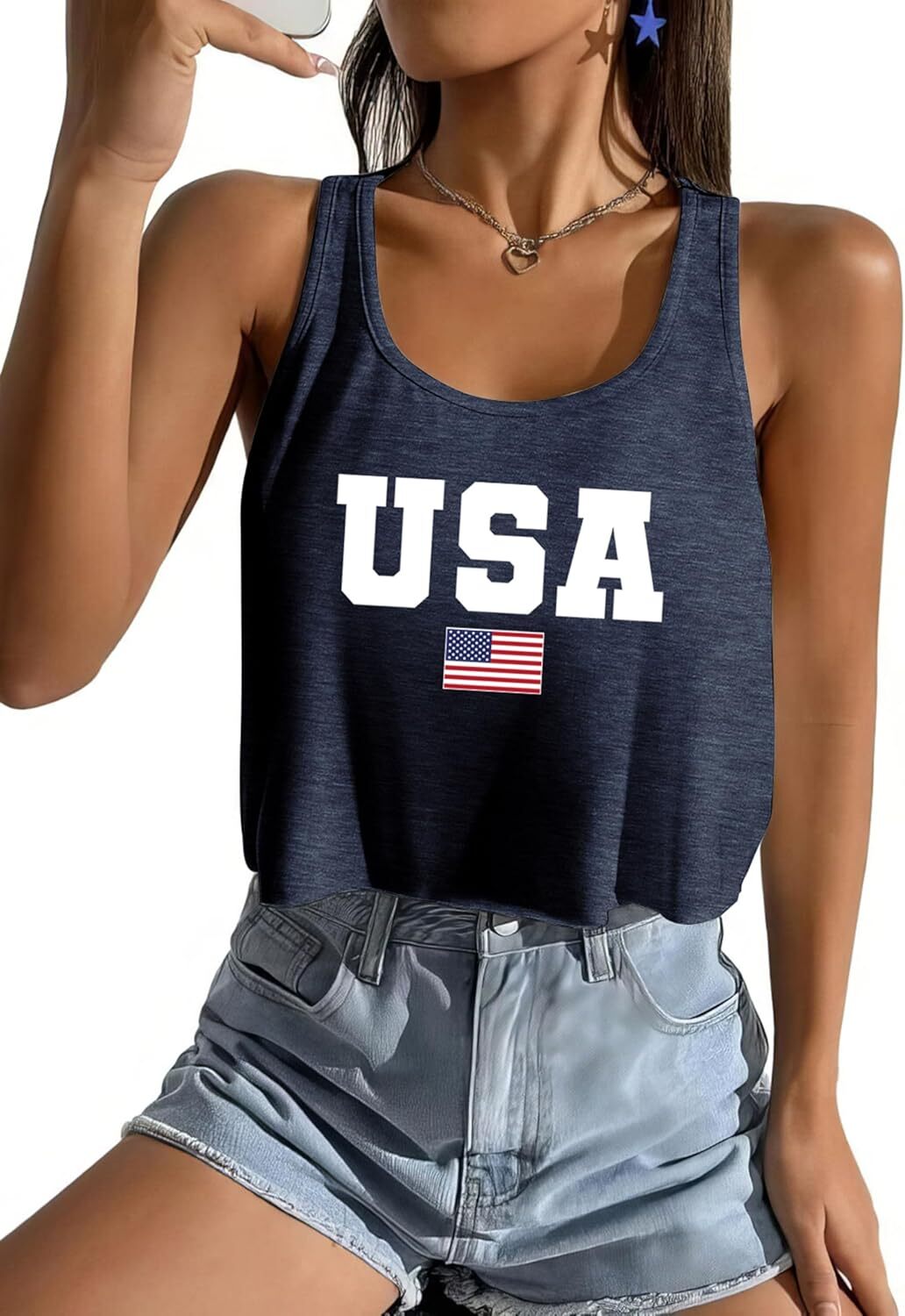 Women's American Flag Sleeveless Crop Top - USA Patriotic 4th of July Camisole - Picture 50 of 71