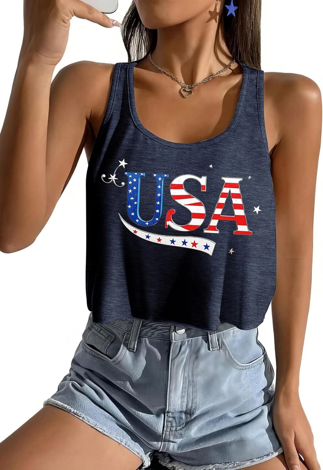 Women's American Flag Sleeveless Crop Top - USA Patriotic 4th of July Camisole - Picture 63 of 71