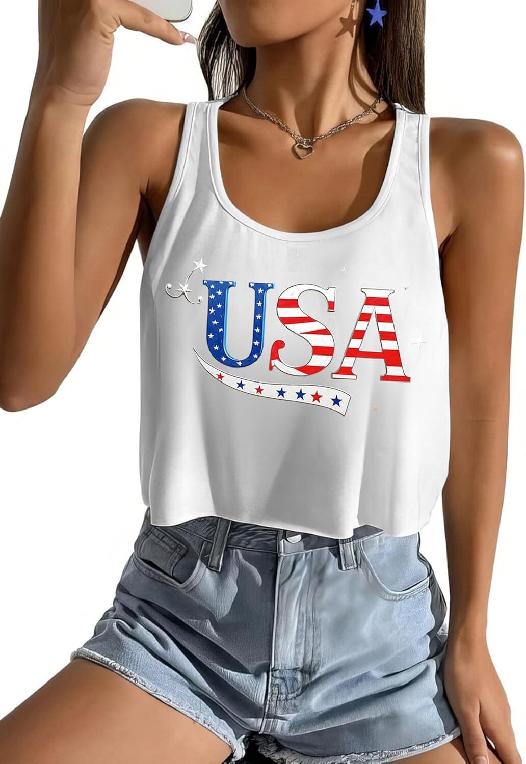 Women's American Flag Sleeveless Crop Top - USA Patriotic 4th of July Camisole - Picture 67 of 71