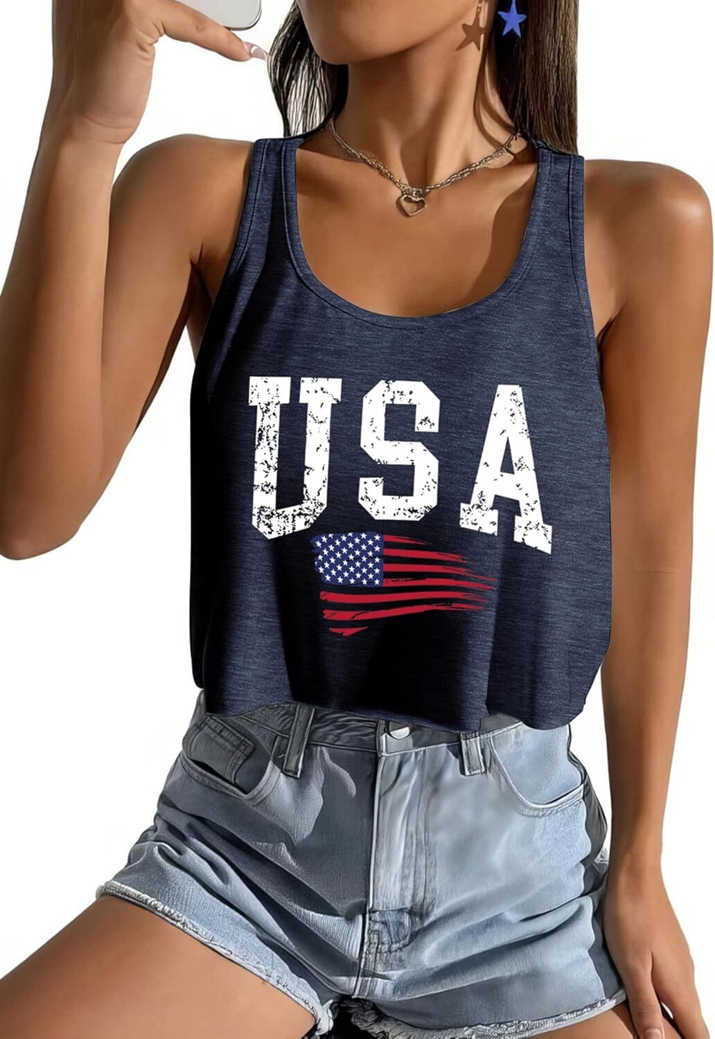 Women's American Flag Sleeveless Crop Top - USA Patriotic 4th of July Camisole - Picture 70 of 71