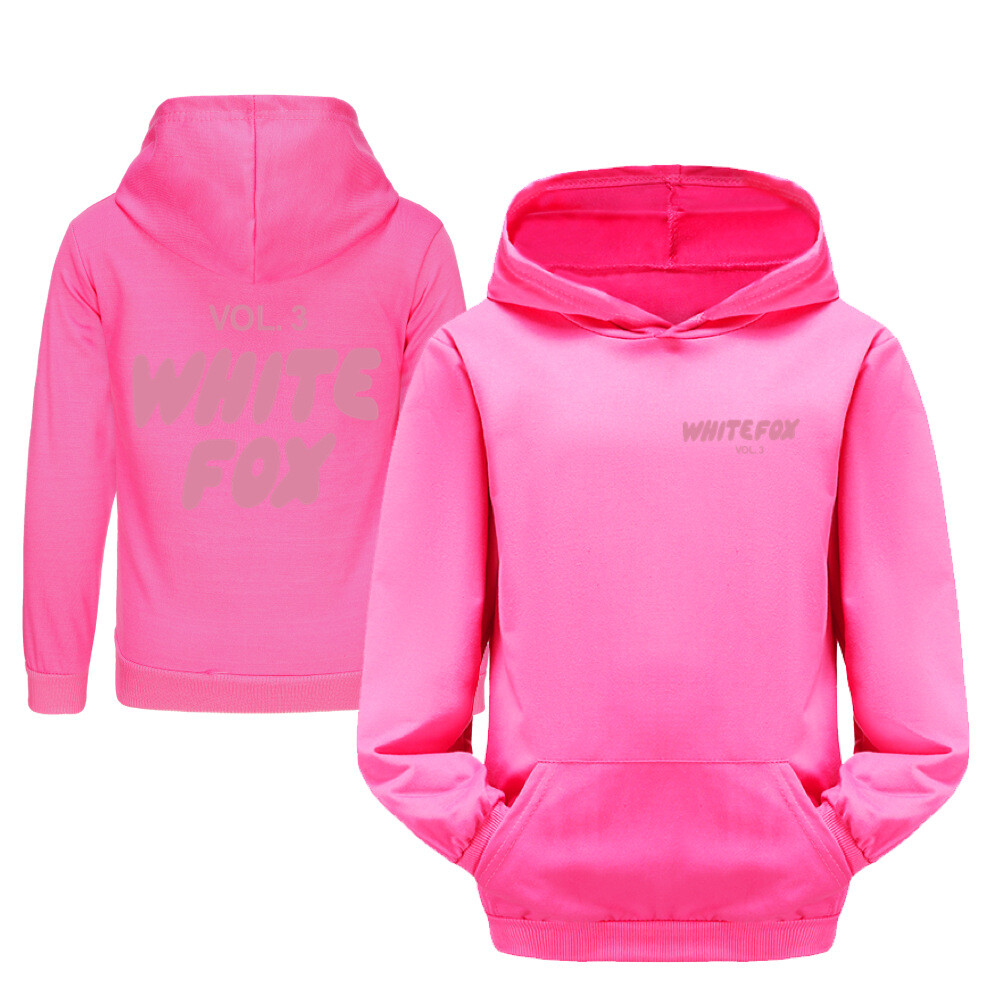 Girls Boys White Pink Foxes Pocket Hoodied Hoodies Kids Long Sleeve Pullover Top - Picture 32 of 35