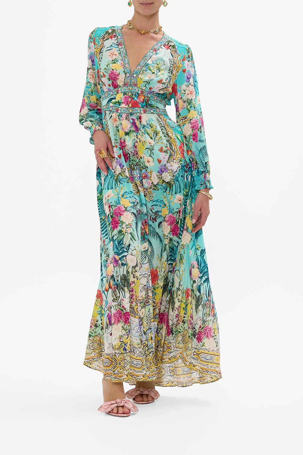 women's printed V-neck long sleeved dress, Indian vest, handmade printed dress, - Picture 18 of 19
