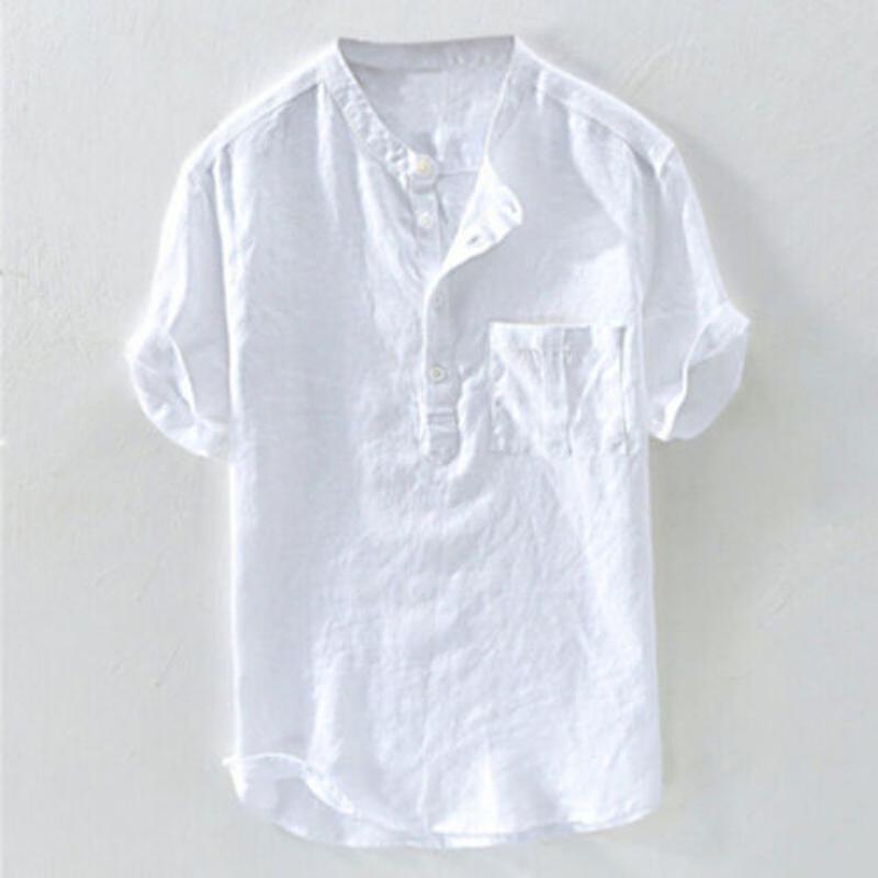 Men's Button Up Cotton Linen Shirt Summer Short Sleeve Casual Loose Top T-Shirt - Picture 13 of 16