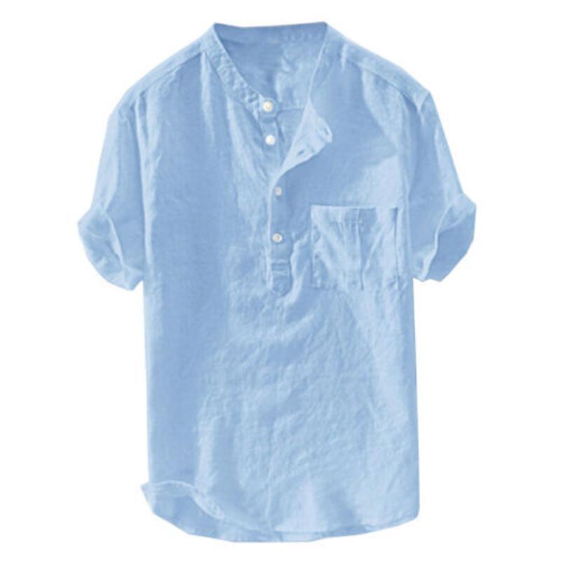 Men's Button Up Cotton Linen Shirt Summer Short Sleeve Casual Loose Top T-Shirt - Picture 14 of 16