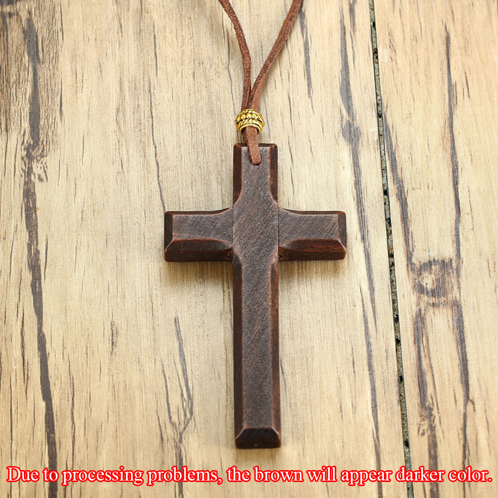 Wooden Cross Necklace Religious Jewelry with 90cm Chain for Women Men