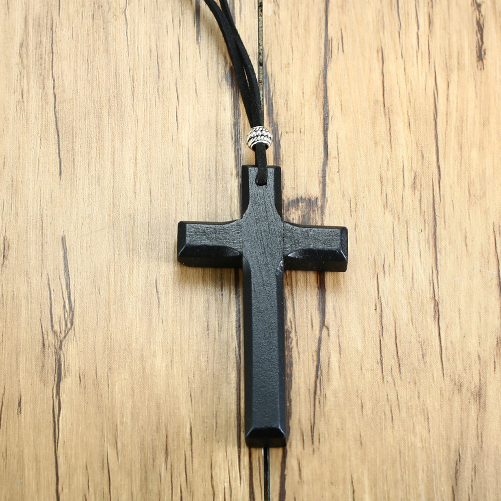 Wooden Cross Necklace Religious Jewelry with 90cm Chain for Women Men