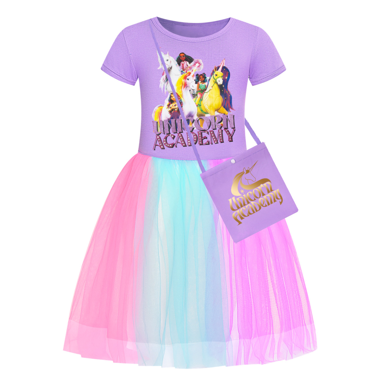Girls UNICORN ACADEMY Print Rainbow Star Dress Birthday Party Princess Skirt - Picture 7 of 15