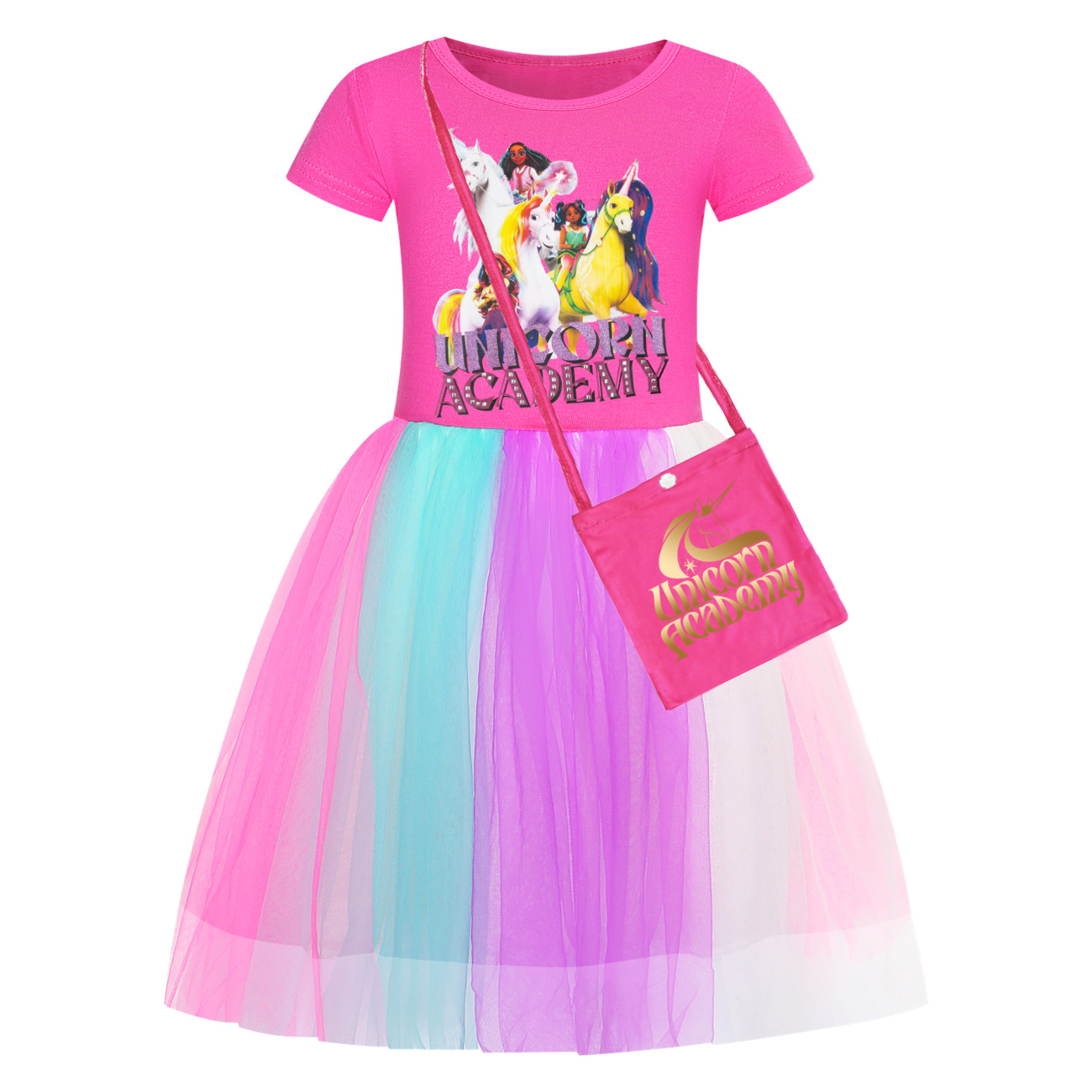 Girls UNICORN ACADEMY Print Rainbow Star Dress Birthday Party Princess Skirt - Picture 8 of 15
