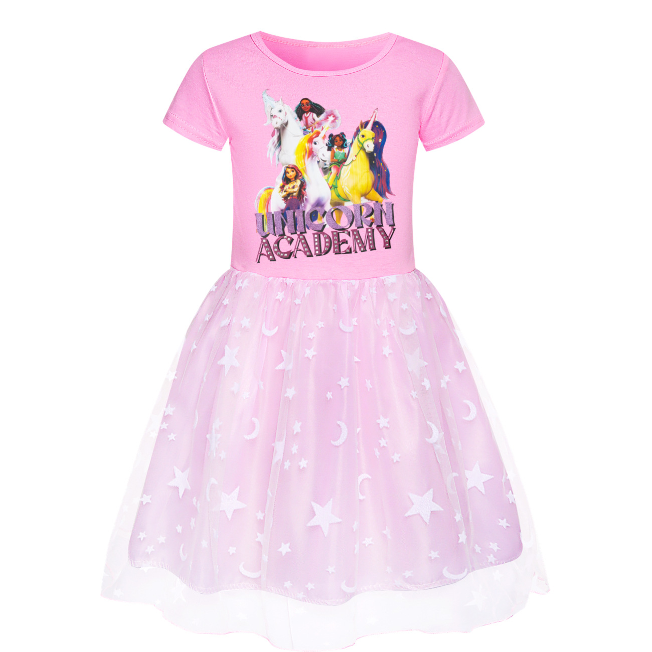 Girls UNICORN ACADEMY Print Rainbow Star Dress Birthday Party Princess Skirt - Picture 9 of 15