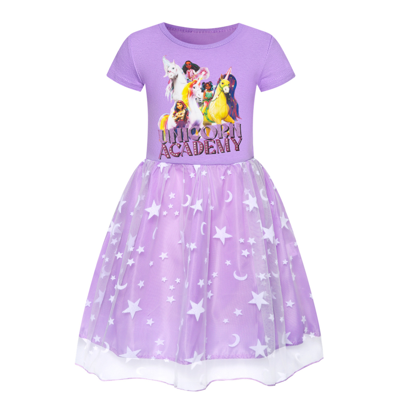 Girls UNICORN ACADEMY Print Rainbow Star Dress Birthday Party Princess Skirt - Picture 10 of 15