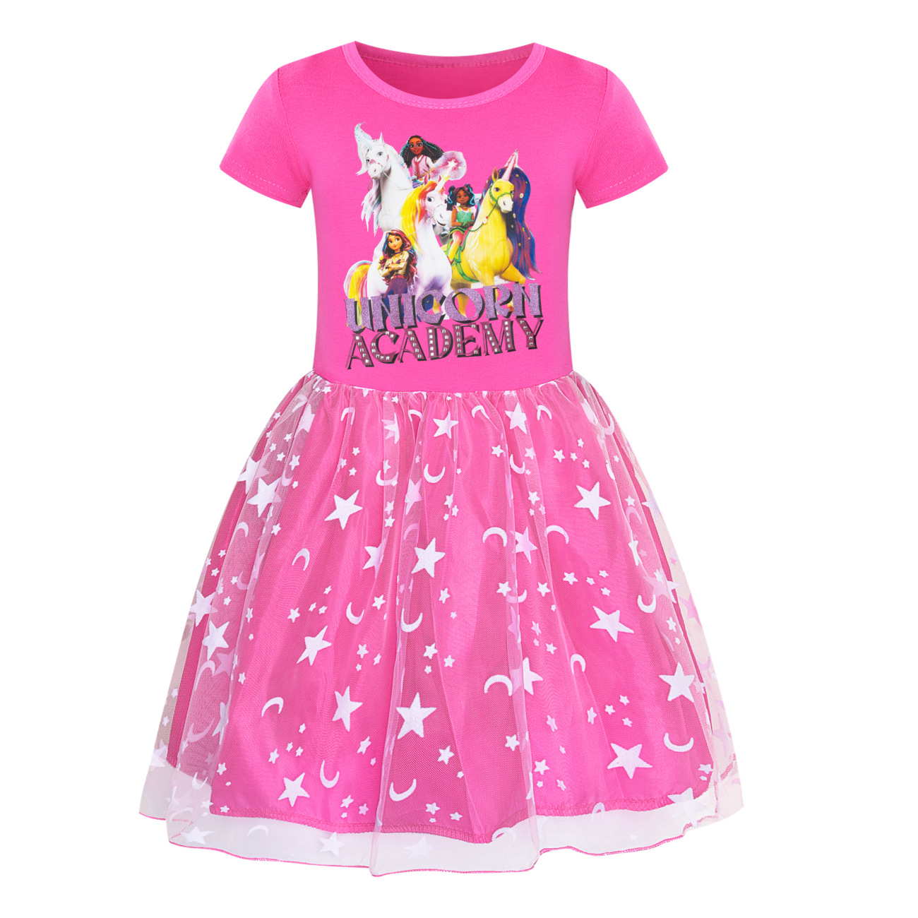 Girls UNICORN ACADEMY Print Rainbow Star Dress Birthday Party Princess Skirt - Picture 11 of 15