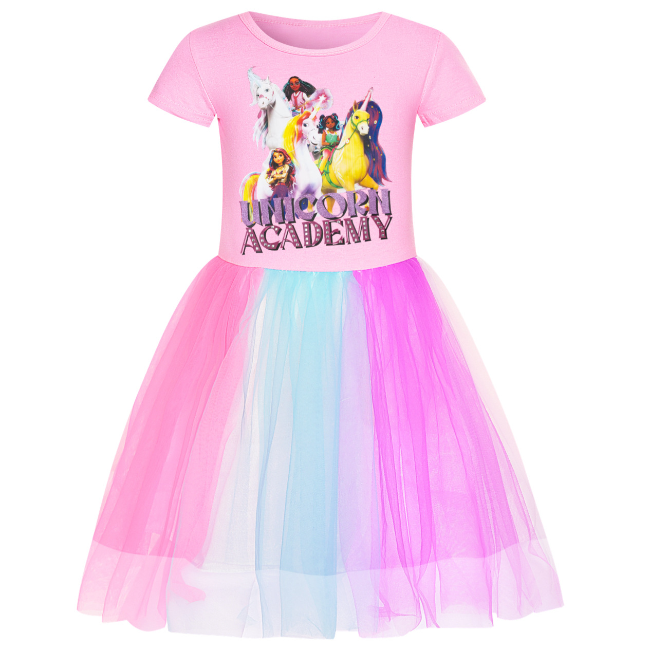Girls UNICORN ACADEMY Print Rainbow Star Dress Birthday Party Princess Skirt - Picture 12 of 15