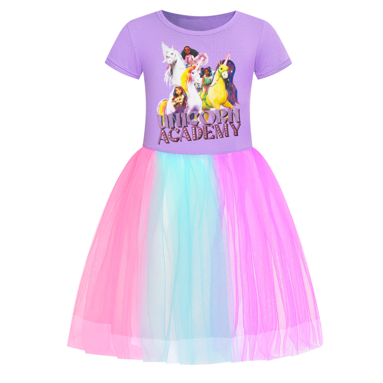 Girls UNICORN ACADEMY Print Rainbow Star Dress Birthday Party Princess Skirt - Picture 13 of 15