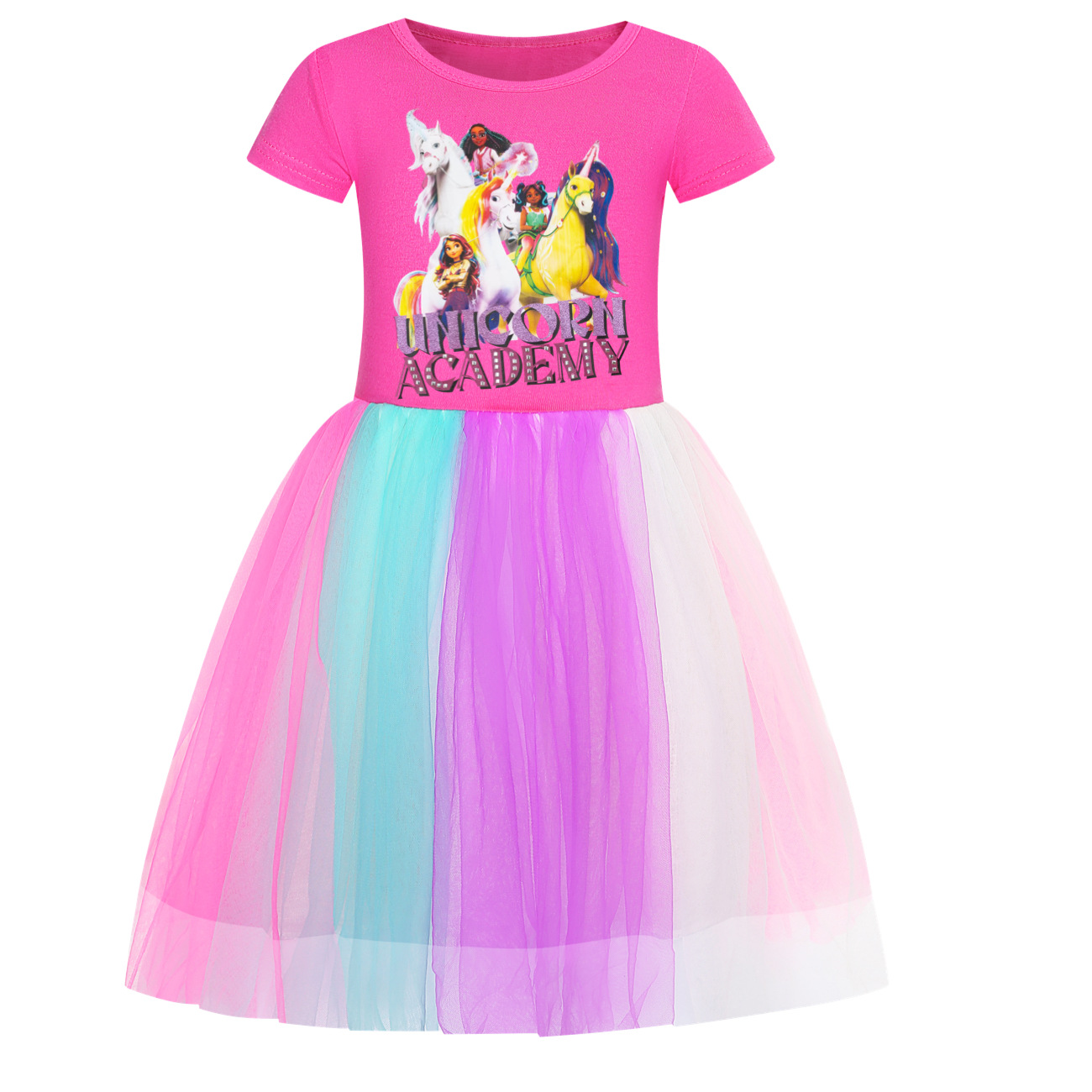 Girls UNICORN ACADEMY Print Rainbow Star Dress Birthday Party Princess Skirt - Picture 14 of 15