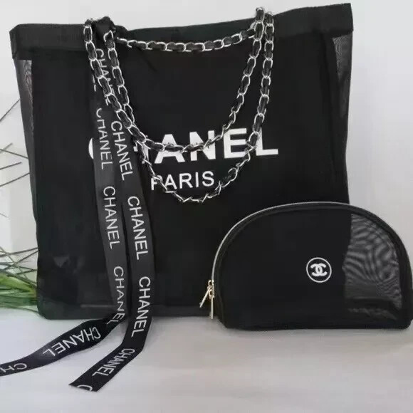 NEWCHANEL VIP GIFT Beauty Mesh Tote Bag Beach Pouch Bag Case Storage Black Silve - Zdjęcie 13 z 13