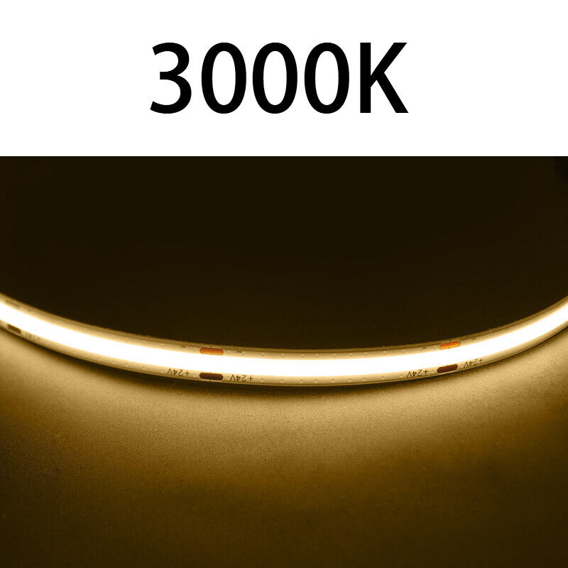 DC 12V 24V COB LED Strip Flexible Rope Tape Light Warm Cool White DC Connector