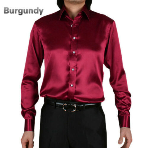 Formal Men Faux Satin Silk Dress Shirt Long Sleeve Business Casual Tops Classic - Picture 14 of 25