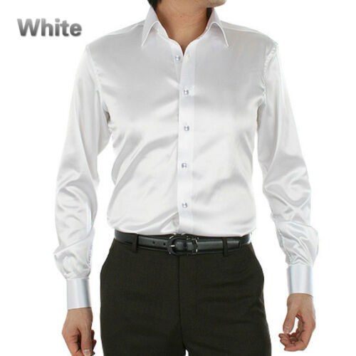 Formal Men Faux Satin Silk Dress Shirt Long Sleeve Business Casual Tops Classic - Picture 15 of 25