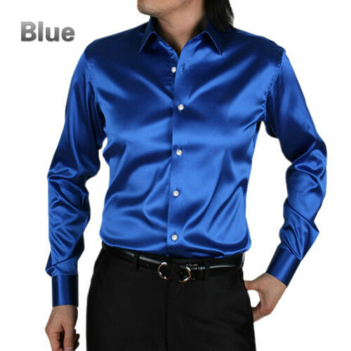 Formal Men Faux Satin Silk Dress Shirt Long Sleeve Business Casual Tops Classic - Picture 16 of 25