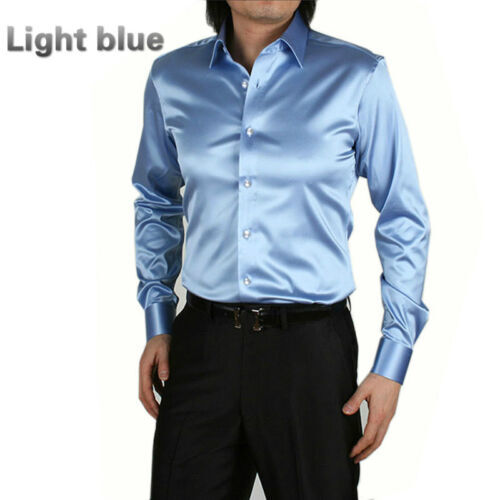 Formal Men Faux Satin Silk Dress Shirt Long Sleeve Business Casual Tops Classic - Picture 17 of 25