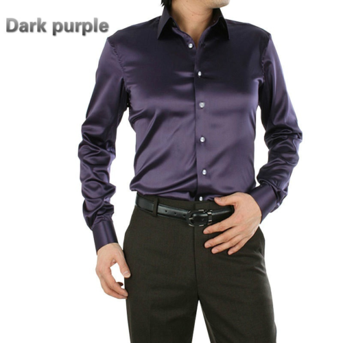 Formal Men Faux Satin Silk Dress Shirt Long Sleeve Business Casual Tops Classic - Picture 18 of 25