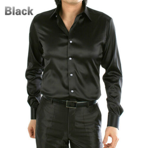 Formal Men Faux Satin Silk Dress Shirt Long Sleeve Business Casual Tops Classic - Picture 19 of 25