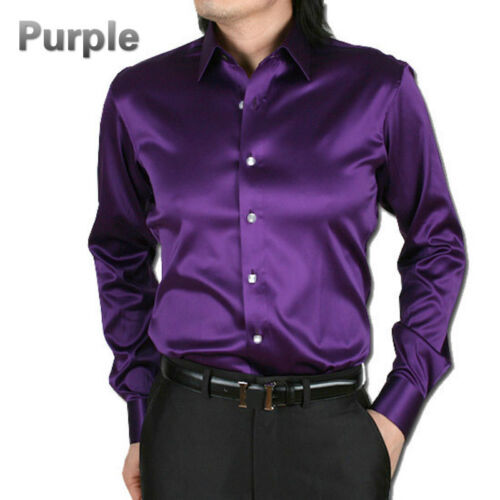 Formal Men Faux Satin Silk Dress Shirt Long Sleeve Business Casual Tops Classic - Picture 20 of 25