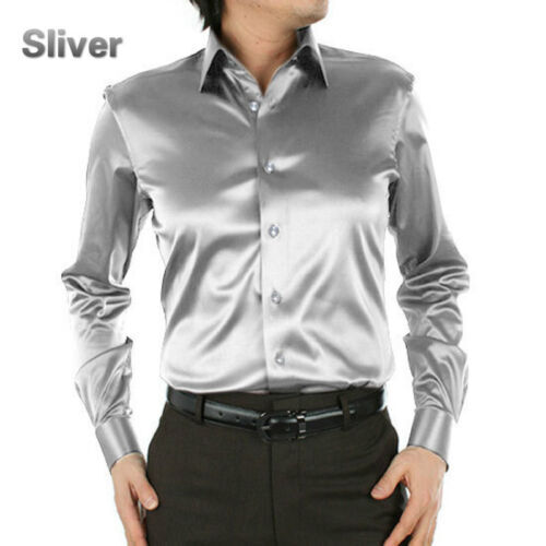 Formal Men Faux Satin Silk Dress Shirt Long Sleeve Business Casual Tops Classic - Picture 21 of 25