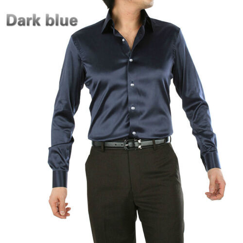 Formal Men Faux Satin Silk Dress Shirt Long Sleeve Business Casual Tops Classic - Picture 22 of 25